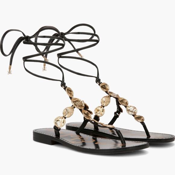 NEW Sam Edelman 8 Deirdre Ankle Wrap Sandal Black Leather Gold Gladiator Greek - Picture 1 of 15